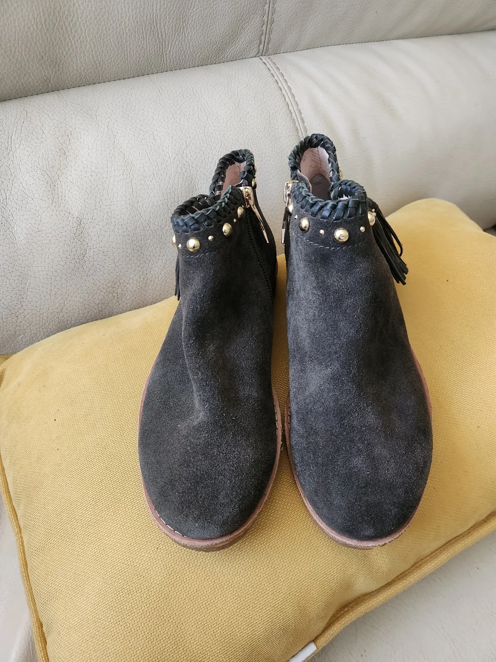 kate spade Black Suede Ankle Booties with Braided Trim and Tassels